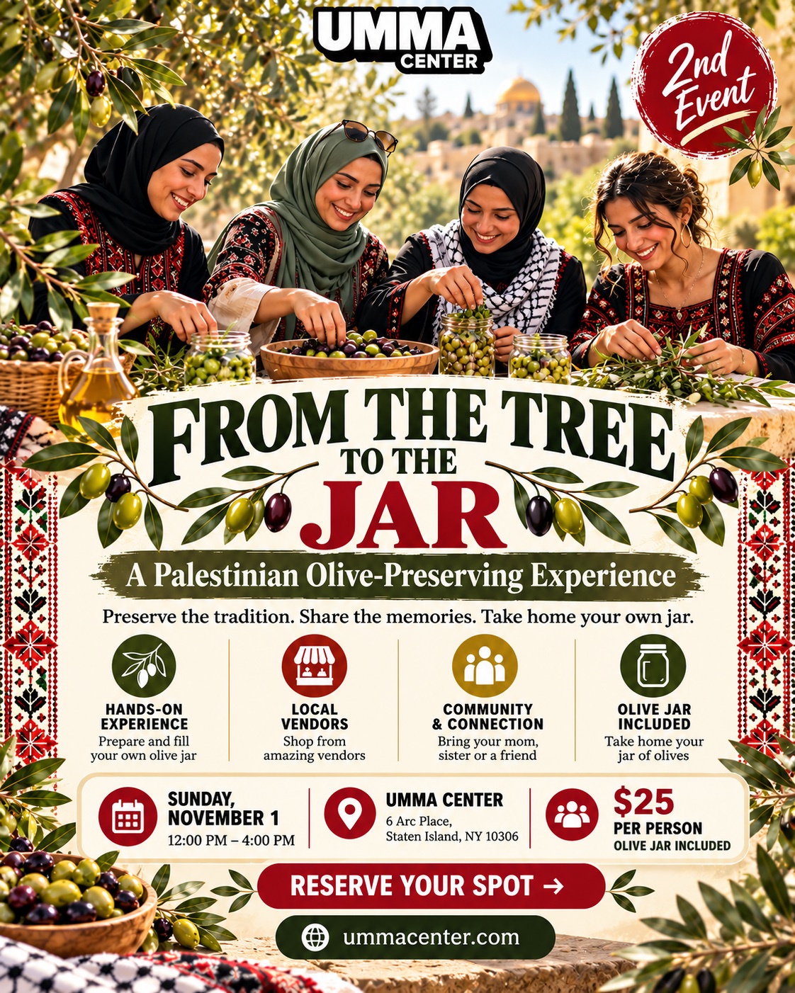Flyer: From the Tree to the Jar, a Palestinian olive-preserving experience at UMMA Center. Sunday, November 1, 12–4 PM, 6 Arc Place, Staten Island. $25 per person, olive jar included.